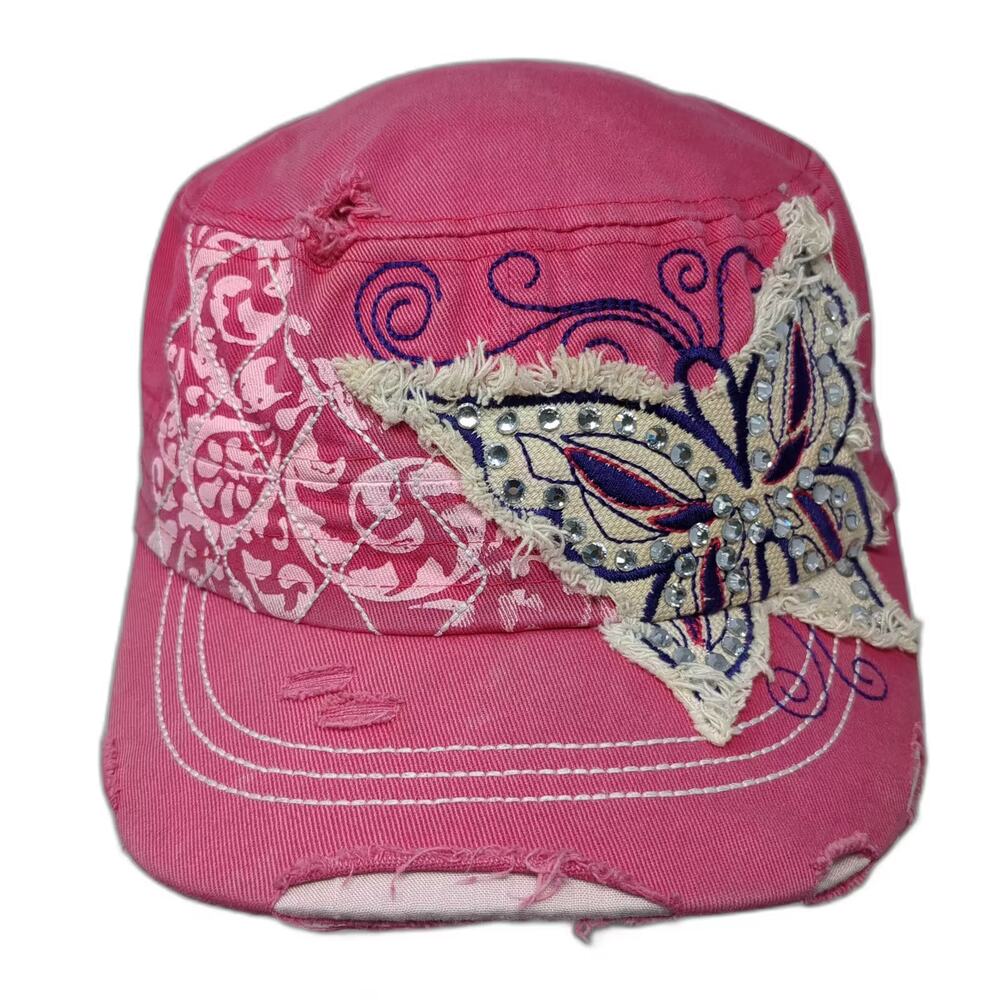 Leader Army Cap Pink One Size Slideback Butterfly Rhinestone Distressed Hat